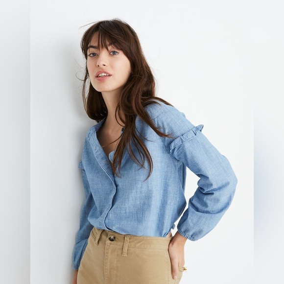 MADEWELL | Denim Collarless Ruffle-Sleeve Shirt | size 3X - Picture 5 of 11